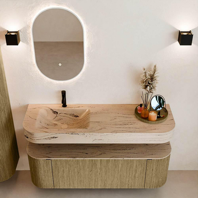 MONDIAZ THOR-DLUX Meuble de salle de bains 140cm arrondi gauche + droite couleur Dusk avec 1 tiroir et 2 portes. Vasque suspendue CLOUD Gauche 1 trou de robinet couleur Arena.