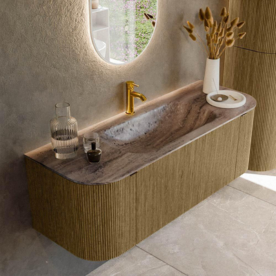 MONDIAZ KURVE-DLUX Meuble de salle de bains 130cm arrondi Gauche + Droite couleur Dusk avec 1 tiroir et 2 portes. Lavabo BIG SMALL Central 1 trou de robinet Oza.