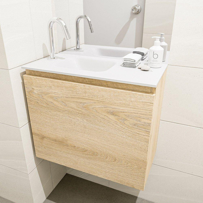 Mondiaz OLAN Meuble lave-mains 60x30x40cm 1 trou de robinet 1 tiroir Washed oak mat avec lavabo LEX Gauche Solid Surface Blanc