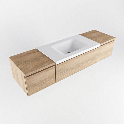 MONDIAZ BUKLA meuble de salle de bain 160cm avec module 40 couleur Chêne blanchi avec 3 tiroirs. Lavabo CLOUD milieu 1 trou de robinet couleur Talc.