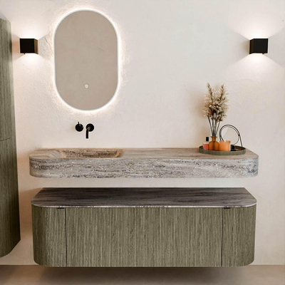 MONDIAZ THOR-DLUX 150cm meuble de salle de bains arrondi gauche + droite couleur Shadow avec 1 tiroir et 2 portes. Vasque suspendue CLOUD Gauche sans trou de robinet couleur Oza.