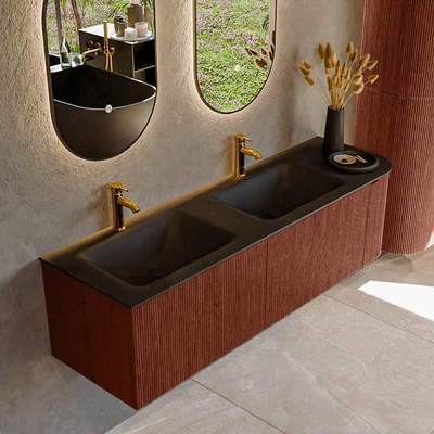 Mondiaz KURVE Badkamermeubelset - 155x46x40cm - 2 lade - 1 deur - wastafel solid surface - dubbel / links - 2 kraangaten - Ruby