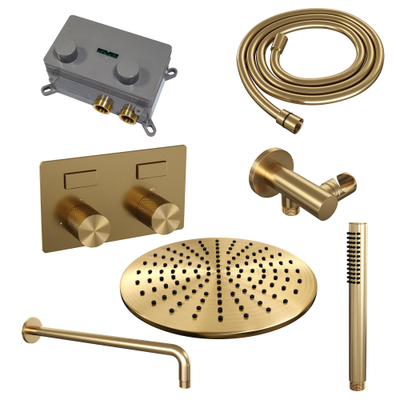 BRAUER Gold Carving Douche de tête thermostatique encastrée - douche de pluie - boutons-poussoirs - SET 52 - douche de tête 30cm - bras mural courbé - douchette stick - flexible de douche - coude de raccordement mural - or brossé PVD