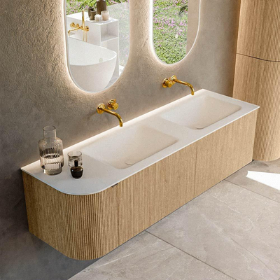 MONDIAZ KURVE 155cm badmeubel met module 25 L kleur Oak met 2 lades en 1 deur. Wastafel CLOUD dubbel / rechts zonder kraangat Talc.