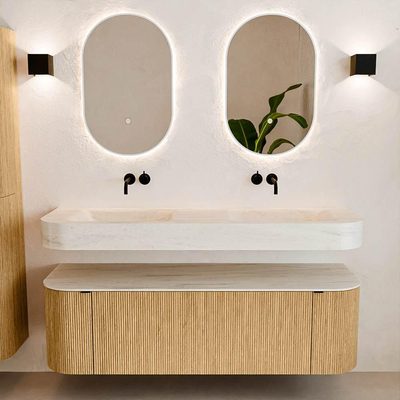 MONDIAZ THOR-DLUX 150cm meuble de salle de bains arrondi gauche + droite couleur Oak avec 1 tiroir et 2 portes. Vasque suspendue CLOUD Double sans trou de robinet couleur Meli.