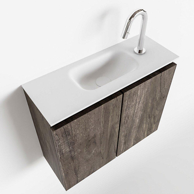 MONDIAZ TURE Kit lave-mains - 60x23x50cm - 1 trou de robinet - 2 portes - marron foncé mat - Lavabo centré - Solid Surface Blanc