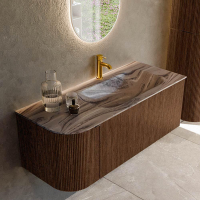 MONDIAZ KURVE-DLUX Meuble de salle de bains 115cm arrondi à gauche couleur Walnut avec 1 tiroir et 1 porte. Lavabo BIG SMALL à droite 1 trou de robinet Sombra.