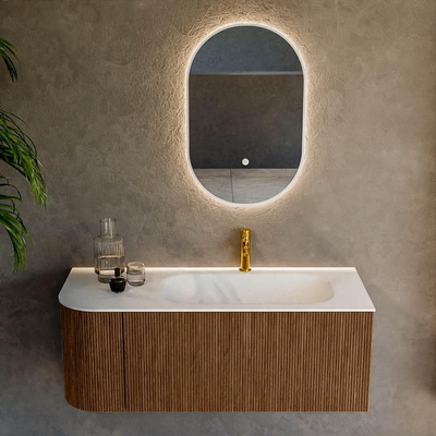 MONDIAZ KURVE 115cm Meuble salle de bain avec module 25 G - couleur Walnut - 1 tiroir - 1 porte - vasque BIG SMALL droite - 1 trou de robinet - Talc