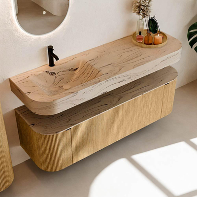 MONDIAZ THOR-DLUX 150cm badmeubel ronding links + rechts kleur Oak met 1 lade en 2 deuren. Vrijhangende wastafel CLOUD Links 1 kraangat kleur Arena.