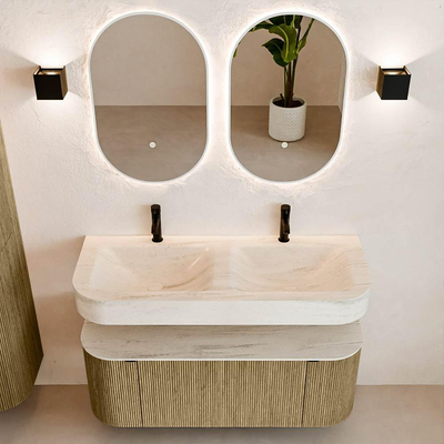 MONDIAZ THOR-DLUX 120cm meuble de salle de bains arrondi gauche + droite couleur Dusk avec 1 tiroir et 2 portes. Vasque suspendue CLOUD Double 2 trous de robinet couleur Meli.