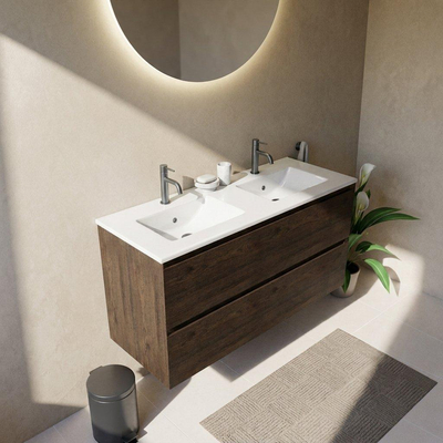 Saniclass Holz Pure Ensemble meuble de salle de bains - 120x45x62cm - lavabo Vygo en céramique blanc - 2 vasques - 2 trous de robinetterie - 4 tiroirs - chêne charcoal mat (bois)
