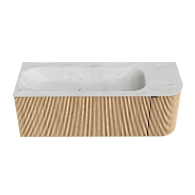 MONDIAZ KURVE-DLUX Meuble de salle de bains 125 cm avec module 25 R couleur Oak avec 1 tiroir et 1 porte. Lavabo BIG MEDIUM gauche sans trou de robinet couleur Opalo.