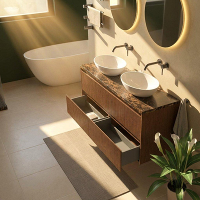 Saniclass Holz Atelier Ensemble de meubles de salle de bains - 140x45x63cm - Plan de toilette en pierre naturelle Noche dark emperador - sans trou de robinet - 4 tiroirs - noyer pure mat (bois)