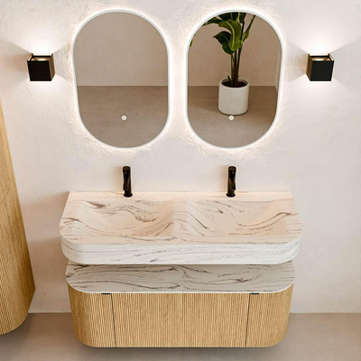MONDIAZ THOR-DLUX 120cm badmeubel ronding links + rechts kleur Oak met 1 lade en 2 deuren. Vrijhangende wastafel CLOUD Dubbel 2 kraangaten kleur Nata.