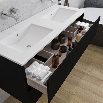 Adema Chaci Ensemble de meuble - 120x46x57cm - 2 vasques en céramique blanche - sans trou de robinet - 2 tiroirs - armoire de toilette - noir mat