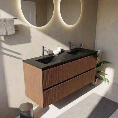 Saniclass Holz Atelier Ensemble meuble de salle de bains - 140x45x62cm - Lavabo Vygo en céramique noir - 2 vasques - 2 trous de robinetterie - 4 tiroirs - walnut pure mat (bois)