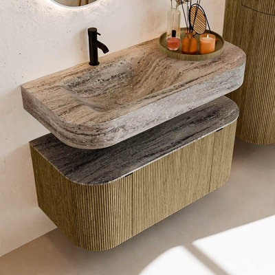 MONDIAZ THOR-DLUX Meuble de salle de bains - 100cm - arrondi gauche + droite - couleur Dusk - 1 tiroir - 2 portes - Vasque suspendue CLOUD Gauche 1 trou de robinet - couleur Oza