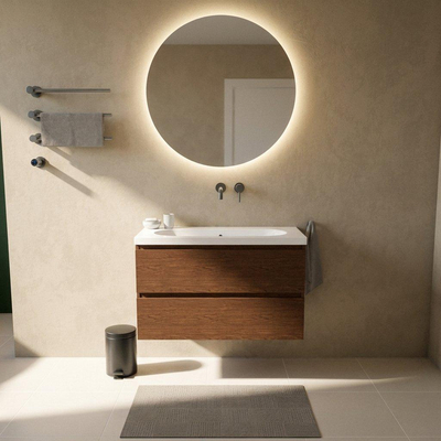 Saniclass Holz Pure Ensemble de meuble de salle de bains - 100x45x63.5cm - lavabo en céramique Palermo blanc - 1 vasque - sans trou de robinet - 2 tiroirs - walnut pure mat (bois)
