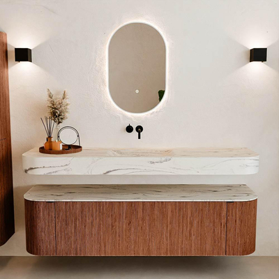 MONDIAZ THOR-DLUX 170cm meuble de salle de bains arrondi gauche + droite couleur Ruby avec 1 tiroir et 2 portes. Vasque suspendue CLOUD Milieu sans trou de robinet couleur Nata.