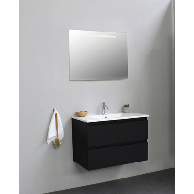 Basic Bella Meuble lavabo céramique avec 1 trou de robinet avec miroir avec éclairage 80x55x46cm Flat Pack Noir mat