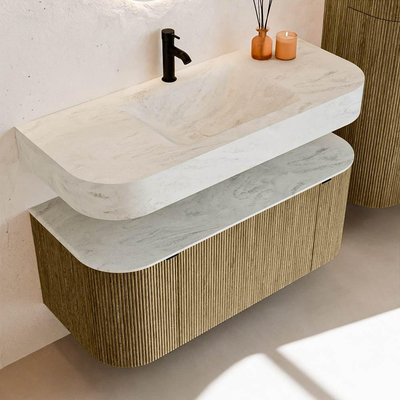 MONDIAZ THOR-DLUX Meuble de salle de bains - 110cm - arrondi gauche + droite - couleur Dusk - 1 tiroir - 2 portes - Vasque suspendue CLOUD Milieu 1 trou de robinet - couleur Opalo