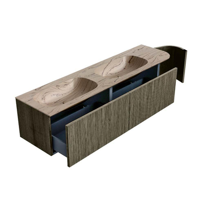 MONDIAZ KURVE-DLUX Meuble de salle de bains 175cm arrondi à droite couleur Shadow avec 2 tiroirs et 1 porte. Lavabo STOR SMALL Double / Gauche sans trou de robinet Arena.