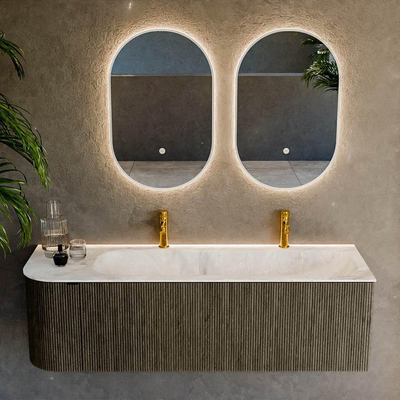 Mondiaz KURVE-DLUX Ensemble de meuble - 145x46x40cm - 1 tiroir - 1 porte - lavabo en solid surface - droite - 2 trous de robinet - Shadow