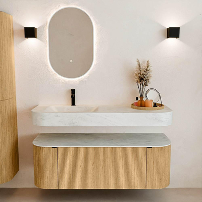 MONDIAZ THOR-DLUX 130cm meuble de salle de bains arrondi gauche + droite couleur Oak avec 1 tiroir et 2 portes. Vasque suspendue CLOUD Gauche 1 trou de robinet couleur Opalo.