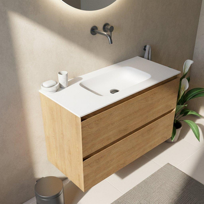 Saniclass Holz Pure Ensemble meuble de salle de bains - 100x45x61.5cm - lavabo Flow en solid surface blanc - 1 vasque - sans trou de robinet - 2 tiroirs - chêne natural mat (bois)