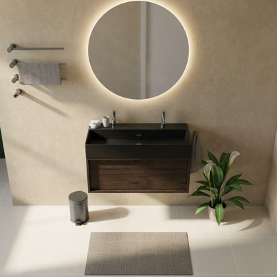 Saniclass Holz Frame Badkamermeubelset - 100x45x52cm - Legend keramische wastafel mat zwart - 1 wasbak - 2 kraangaten - 1 lade - mat eiken charcoal (hout)