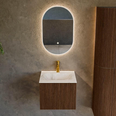 MONDIAZ KURVE-DLUX 50cm badmeubel kleur Walnut met 1 lade. Wastafel GRUNNE midden 1 kraangat kleur Frappe.