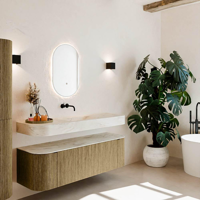 MONDIAZ THOR-DLUX 150cm meuble de salle de bains arrondi gauche + droite couleur Dusk avec 1 tiroir et 2 portes. Vasque suspendue CLOUD Milieu sans trou de robinet couleur Ostra.