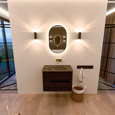 Mondiaz CIRO-DLUX Ensemble meuble de salle de bains - 70x45x50cm - Lavabo solid surface Lava - 1 vasque au milieu - sans trous de robinet - 2 tiroirs - Noyer
