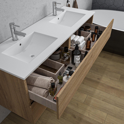 Saniclass Chaci Ensemble meuble de salle de bains - 140x46x55cm - 4 tiroirs - lavabo en céramique blanc - 2 vasques - 2 trous de robinet - chêne