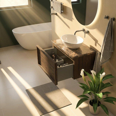 Saniclass Holz Frame Ensemble de meubles de salle de bains - 80x45x43cm - Plan de toilette en pierre naturelle Noche dark emperador - sans trou de robinet - 1 tiroir - chêne charcoal mat (bois)