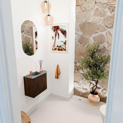 Mondiaz JOYA-DLUX 51.6cm toiletmeubel - ronding rechts kleur Walnut - Wastafel FAYE positie Links 1 kraangat kleur Sombra.