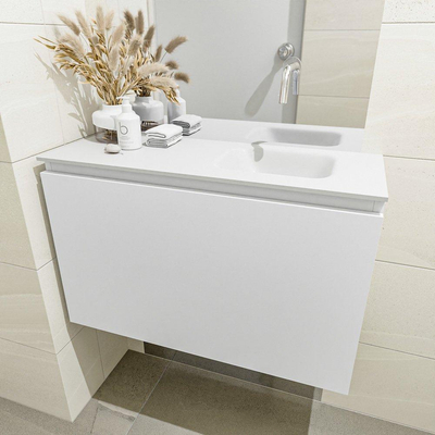 MONDIAZ OLAN Toiletmeubel 80x30x40cm met 0 kraangaten 1 lades talc mat Wastafel Lex rechts Solid Surface Wit