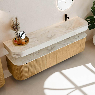 MONDIAZ THOR-DLUX Meuble de salle de bains - 190cm - arrondi gauche + droite - couleur Oak - 2 tiroirs et 2 portes - Vasque suspendue CLOUD droite 1 trou de robinet couleur Ostra