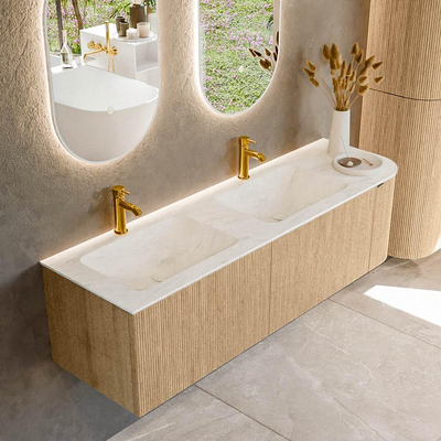 MONDIAZ KURVE-DLUX 155cm badmeubel met module 25 R kleur Oak met 2 lades en 1 deur. Wastafel LEAF dubbel / links 2 kraangaten kleur Opalo.