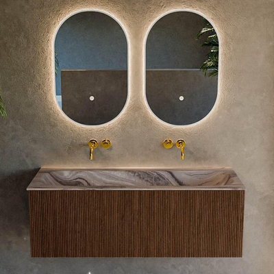 MONDIAZ KURVE-DLUX 120cm meuble de salle de bains couleur Walnut avec 1 tiroir et 0 porte. Lavabo BIG LARGE Centre sans trou de robinet Sombra.