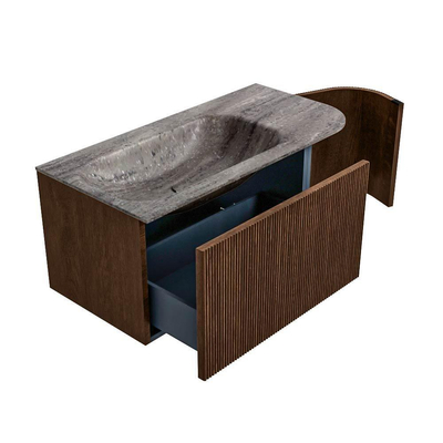MONDIAZ KURVE-DLUX Meuble de salle de bains 95cm arrondi à droite couleur Walnut avec 1 tiroir et 1 porte. Lavabo BIG SMALL gauche sans trou de robinet Oza.