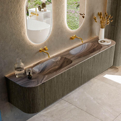 MONDIAZ KURVE-DLUX Meuble de salle de bains 200cm arrondi Gauche + Droite couleur Shadow avec 2 tiroirs et 2 portes. Lavabo STOR SMALL Double sans trou de robinet Sombra.