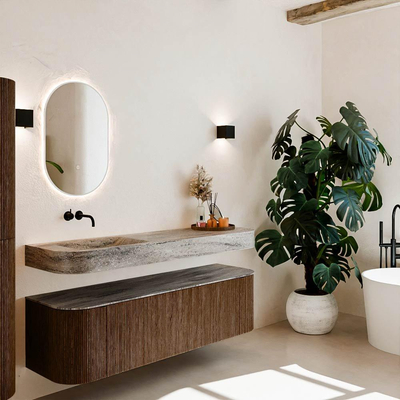 MONDIAZ THOR-DLUX Meuble de salle de bains - 160cm - arrondi gauche + droite - couleur Walnut - 1 tiroir et 2 portes - Vasque suspendue CLOUD Gauche sans trou de robinet - couleur Oza