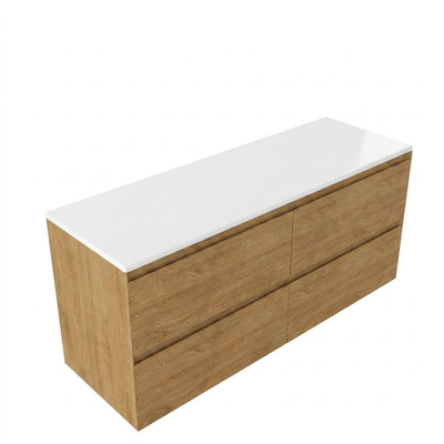 Saniclass Holz Pure Ensemble de meuble de salle de bains - 140x45x62.5cm - plan de toilette Torino en solid surface blanc - sans trou de robinet - 4 tiroirs - chêne natural mat (bois)