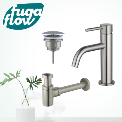 FugaFlow Eccelente Sobrado Badkamer Slim Wastafelkraanset - lage wastafelkraan - always open plug - verlaagde design sifon - PVD Geborsteld RVS