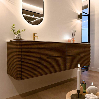 Mondiaz CIRO-DLUX Badkamermeubelset - 180x45x50cm - Solid surface wastafel Glace - 1 wasbak Links - 1 kraangat - 4 lades - Dusk