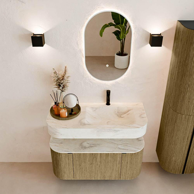 MONDIAZ THOR-DLUX 100cm meuble de salle de bains arrondi gauche + droite couleur Dusk avec 1 tiroir et 2 portes. Vasque suspendue CLOUD Droite 1 trou de robinet couleur Ostra.