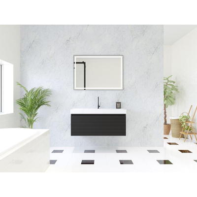 HR Matrix ensemble de meubles de salle de bain 3d 100cm 1 tiroir sans poignée avec bandeau couleur noir mat avec lavabo juste 1 trou de robinetterie blanc