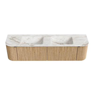 MONDIAZ KURVE-DLUX Meuble de salle de bains 180cm avec module 25 Len R couleur Oak avec 2 tiroirs et 2 portes. Lavabo LEAF double 2 trous de robinet couleur Frappe.