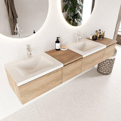 Mondiaz BUKLA badkamermeubelset 200x45x34cm 2 kraangaten 2 wasbakken solid surface Talc greeploos 4 lades met softclose Melamine Washed Oak